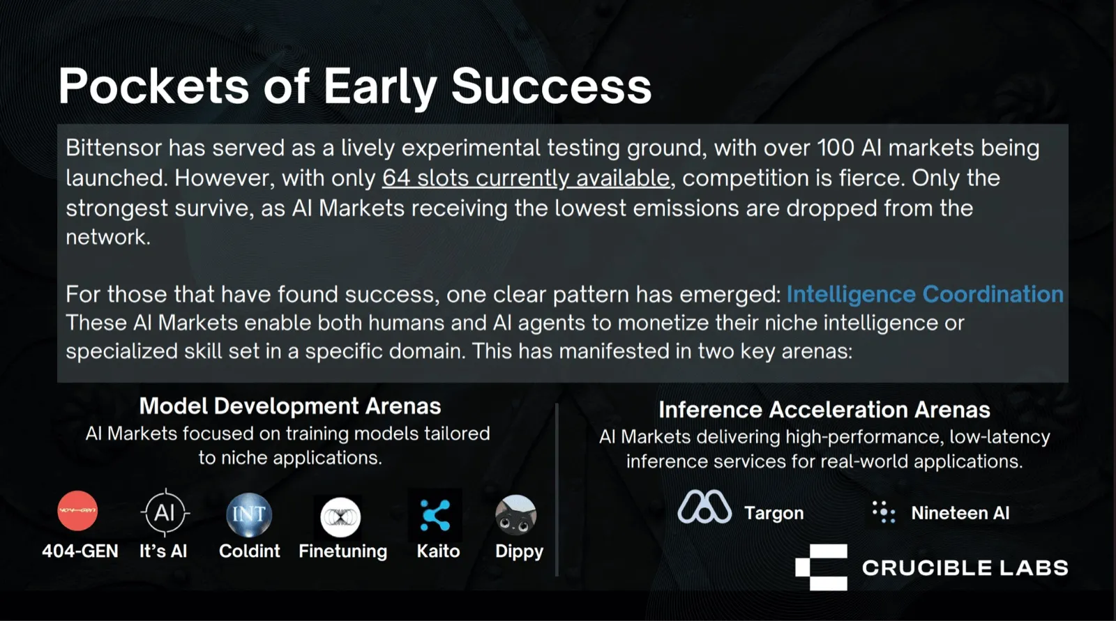 Crucible Labs slide, Pockets of Early Success: with only 64 subnet slots available, the lowest-emission subnets are dropped. Successful subnets cluster in model development arenas (404-GEN, It's AI, Coldint, Finetuning, Kaito, Dippy) and inference acceleration arenas (Targon, Nineteen AI).