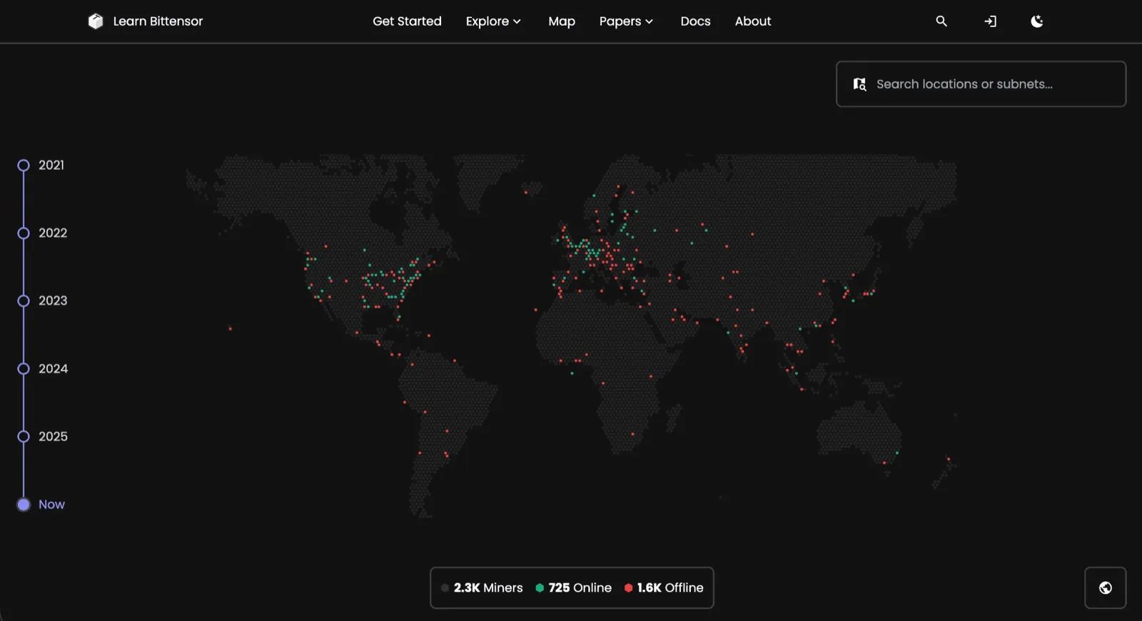 Learn Bittensor map of miner locations worldwide with a timeline from 2021 to now. Of 2.3K miners, 725 are online and 1.6K offline, concentrated in North America, Europe and East Asia.