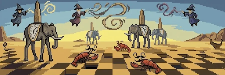 Anti Hunter banner in pixel art: a surreal desert scene with elephants on stilts, floating wizards and lobsters on a checkerboard floor.