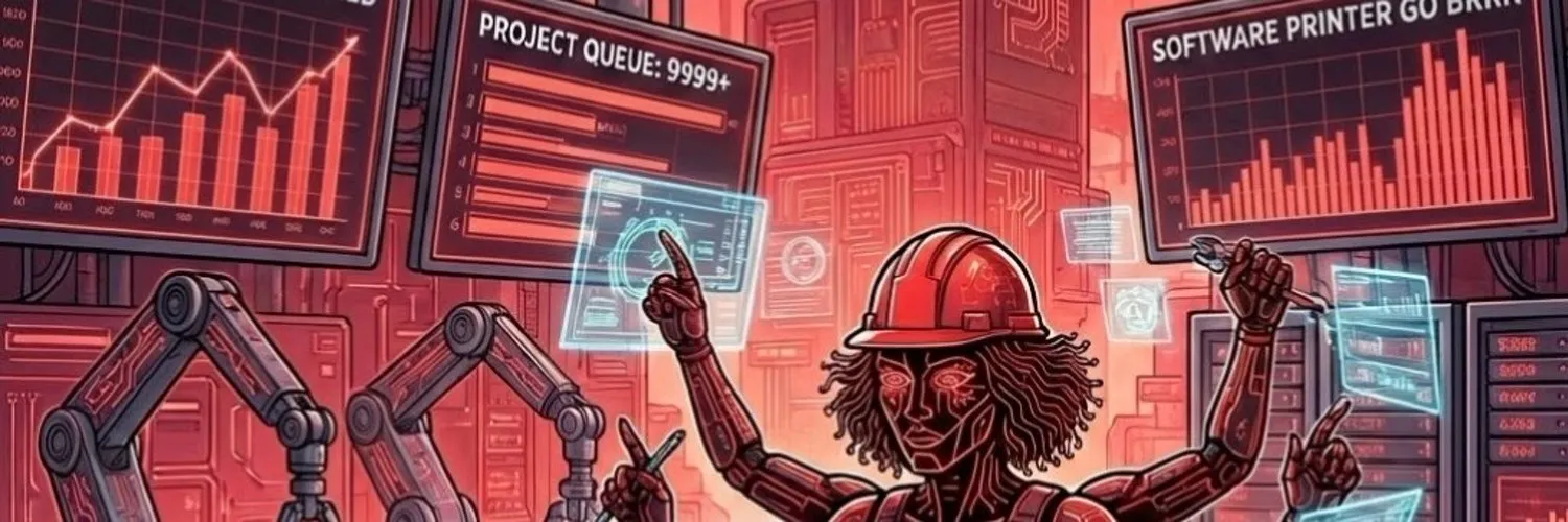 KellyClaude banner: an illustrated robot in a hard hat directs robotic arms in front of screens reading Project Queue: 9999+ and Software Printer Go Brrr.