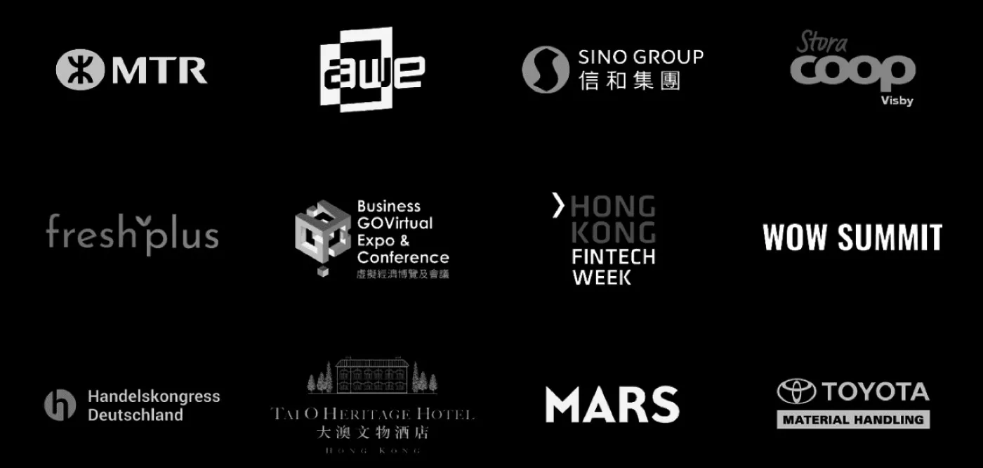 Grid of twelve partner and event logos for Auki, including MTR, AWE, Sino Group, Stora Coop, Fresh Plus, Hong Kong Fintech Week, WOW Summit, Handelskongress Deutschland, Tai O Heritage Hotel, Mars and Toyota Material Handling.