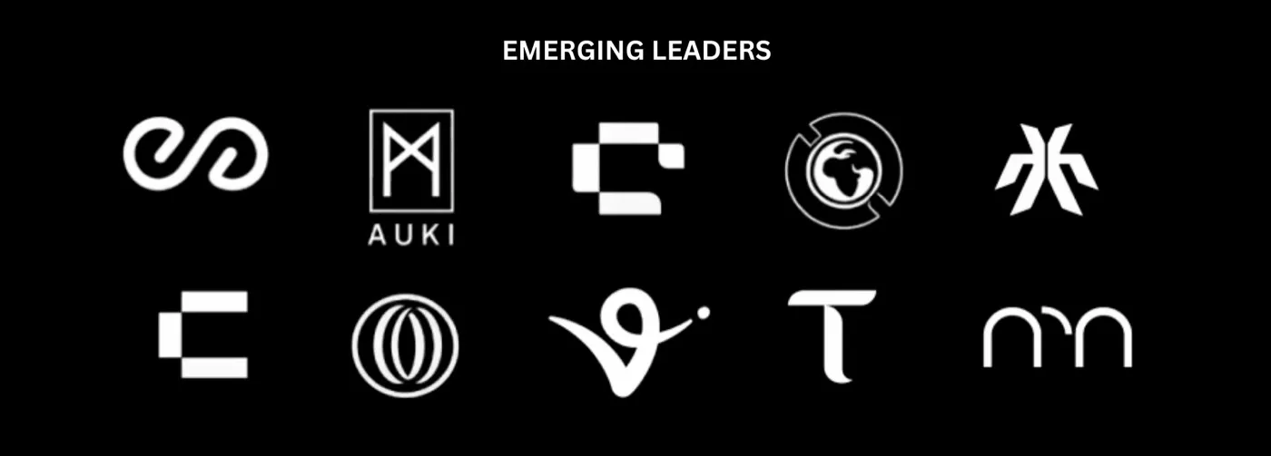 Grid of ten white logos on black under the heading Emerging Leaders, showing the decentralized robotics projects covered in the report, including peaq, Auki, BitRobot, GEODNET, Codec, OpenMind, Virtuals, Bittensor and NRN.