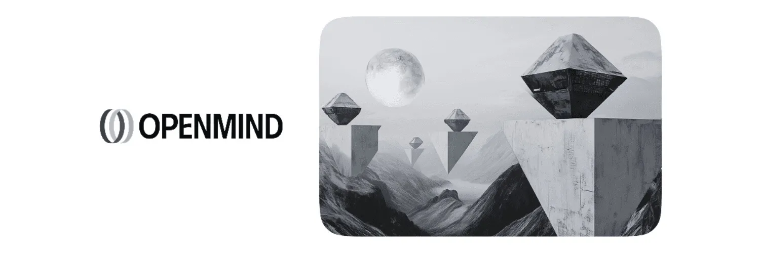 OpenMind banner: the OpenMind logo beside a monochrome illustration of geometric structures among mountains.